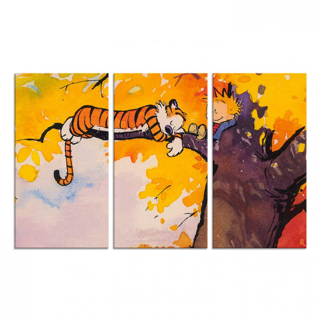 A wall art featuring a boy and a tiger amidst autumn leaves, reminiscent of the Calvin and Hobbes Tree Scene Canvas Print, ideal for creating a playful atmosphere.