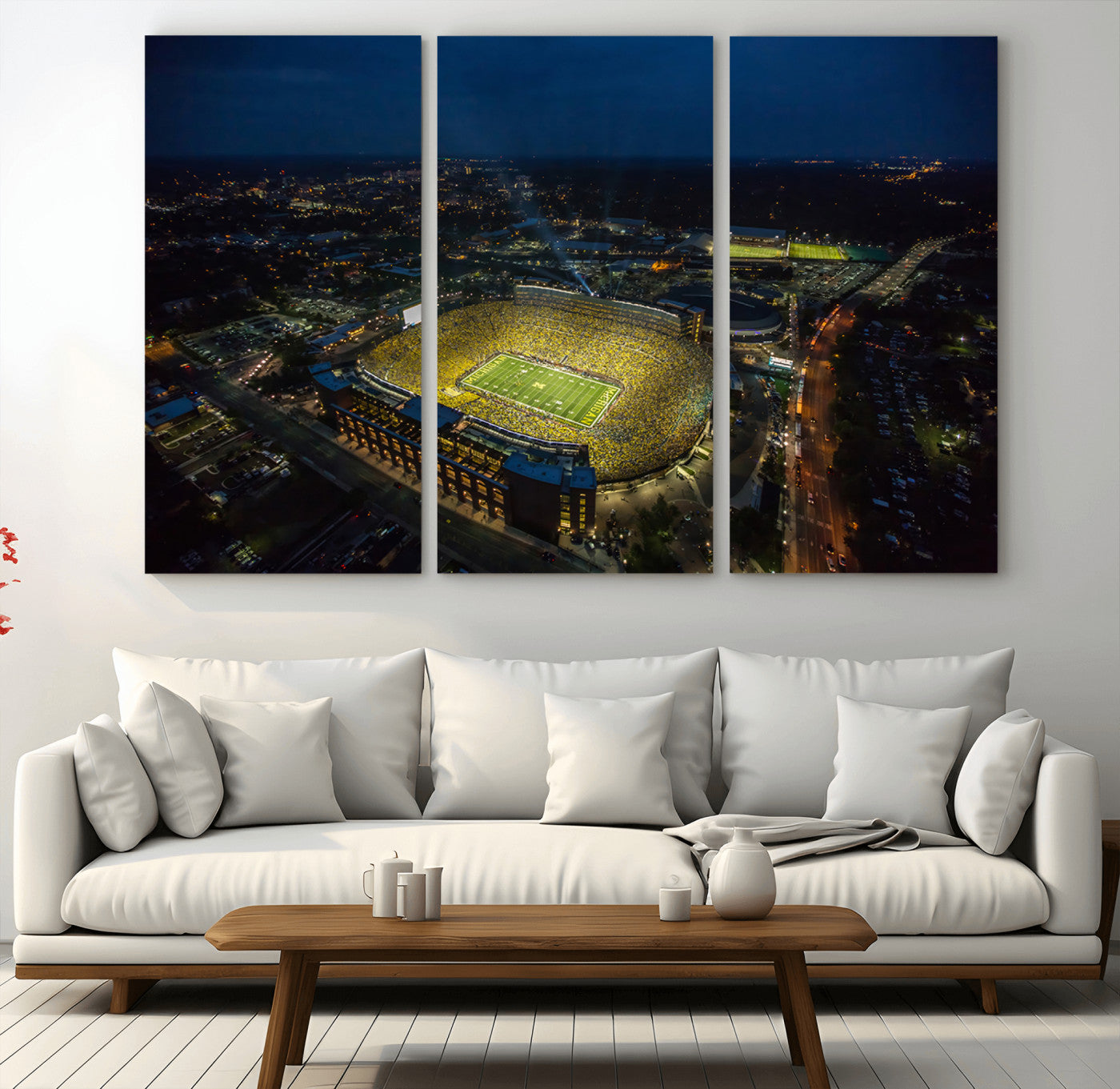 33588-MGV-CV-36X24-Michigan Stadium Night Game Wall Art – Sports Arena Aerial View Canvas Print, Framed, Ready to Hang