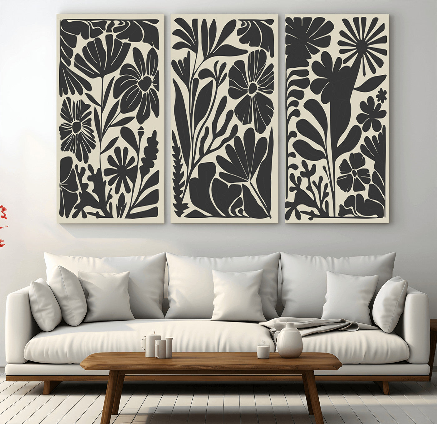 MGV-CV-48X32-3P - Modern Botanical Wall Art - Floral Black and White Canvas Print, Framed, Ready to Hang