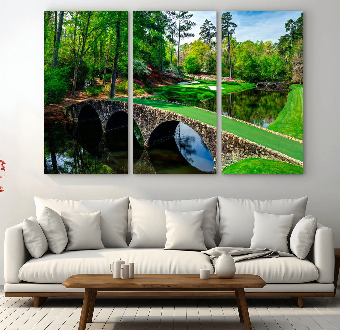 MGV-CV-48X32-3P - Augusta National Golf Club Wall Art - Panoramic Bridge & Lush Greenery – Premium Framed,