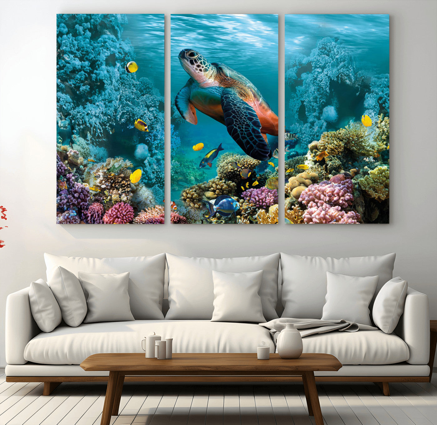 MGV-CV-48X32-3P - Sea Turtle and Coral Reef Triptych Wall Art – Vibrant Underwater Scene Canvas Set for Ocean Lovers and Coastal Decor – Ready to Hang 3-Panel Artwork