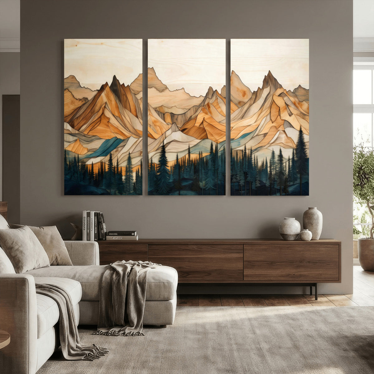 31576-PAN-FL-20X10 - Rustic Wood Mountain Wall Art Print | Triptych Giclee Print Featuring Handcrafted Forest and