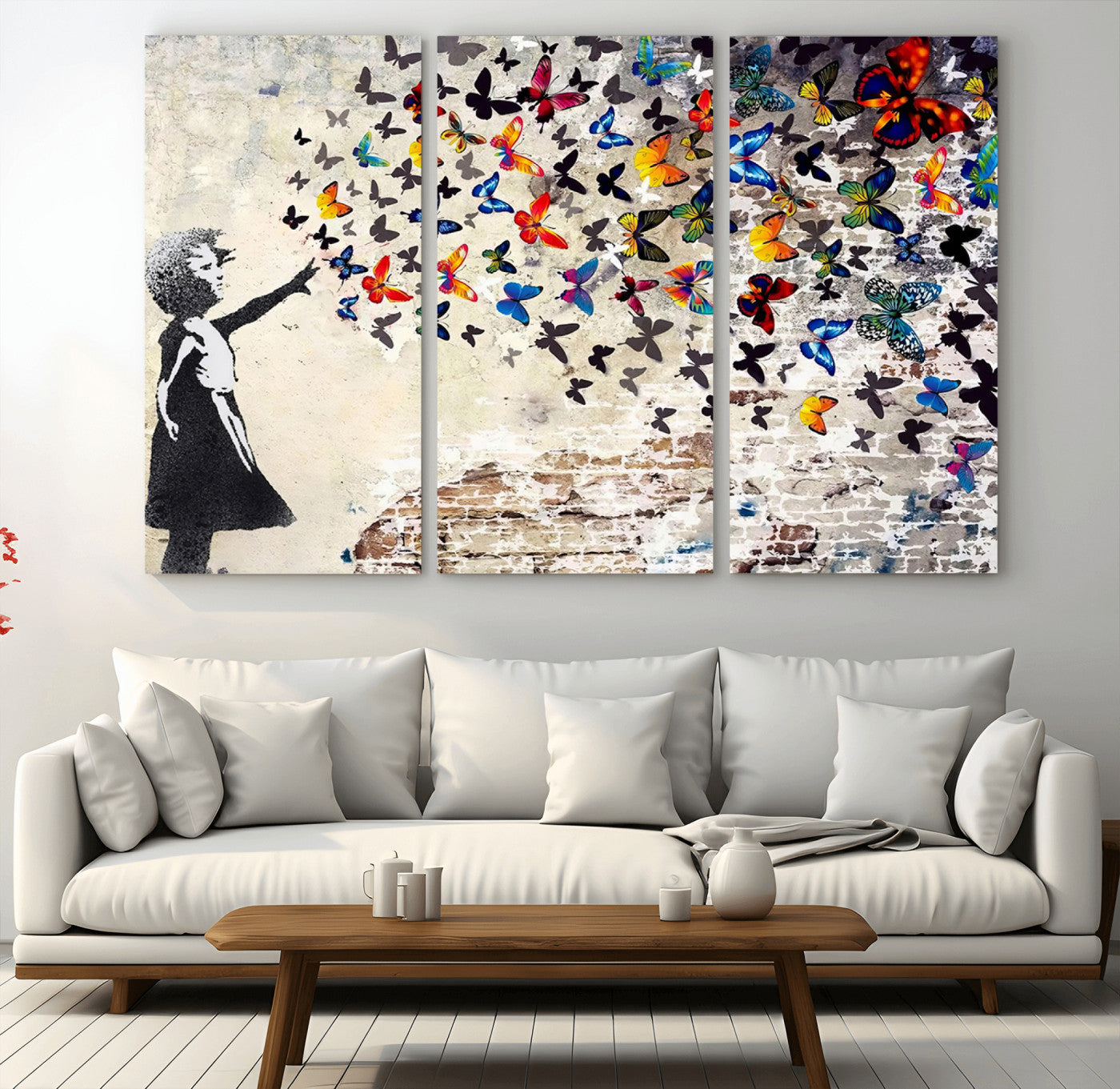 MGV-CV-48X32-3P - Banksy Graffiti Wall Art Canvas Print: Girl Releasing Vibrant Butterflies – Ready to Hang
