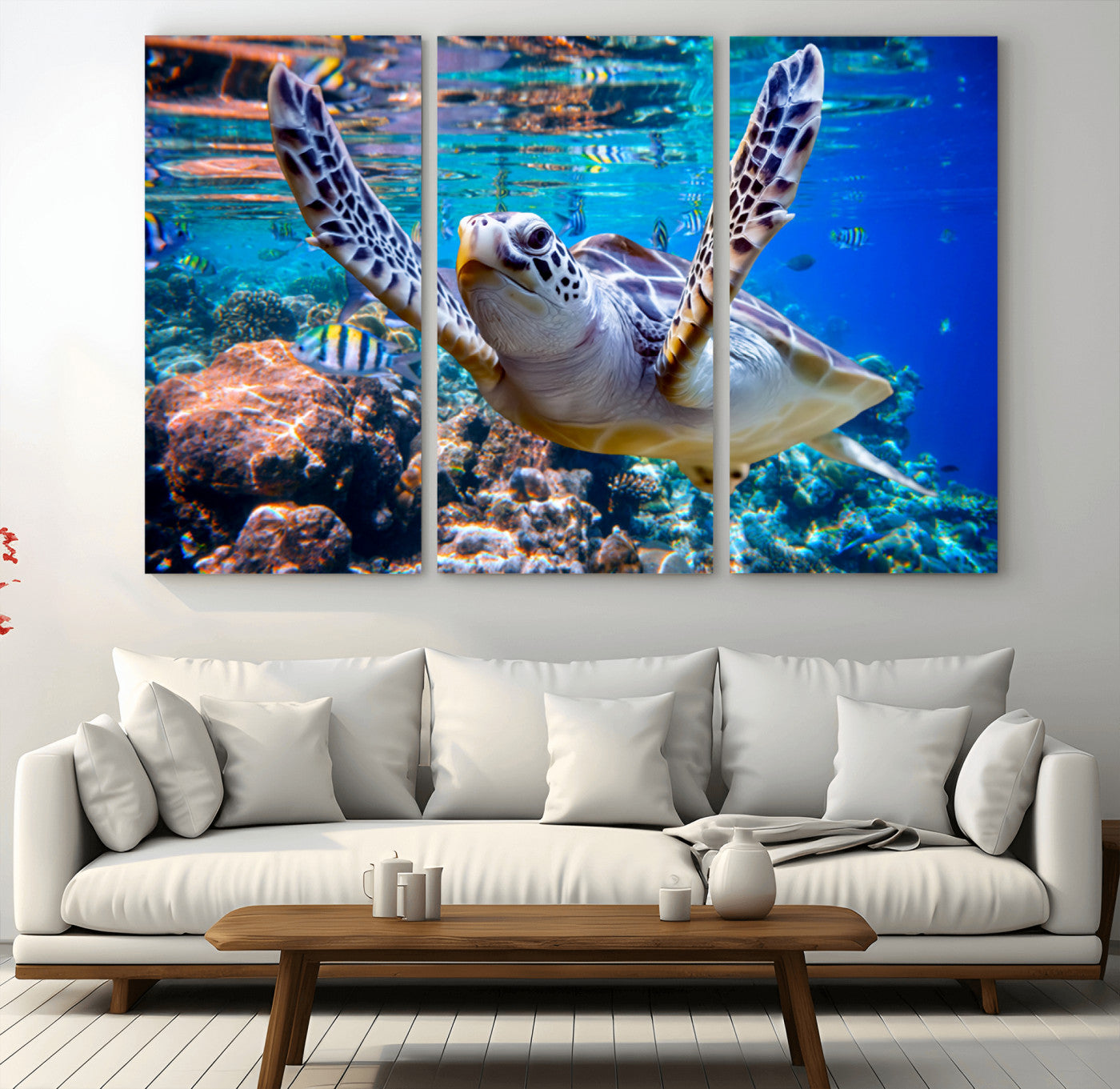MGV-CV-48X32-3P - Underwater Sea Turtle Wall Art Canvas Print – Vibrant Ocean Coral Reef Décor, Ready to Hang