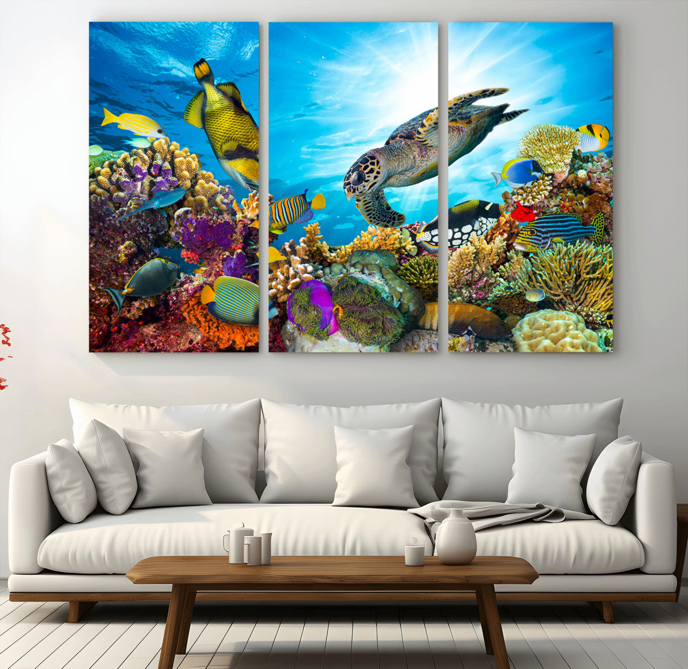 -Colorful Coral Reef and Sea Life Turtle Canvas Print, Underwater Tropical Ocean Wall Art for Home