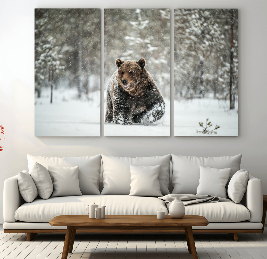 Grizzly Bear Wall Art | Framed Snowy Forest Canvas Artwork