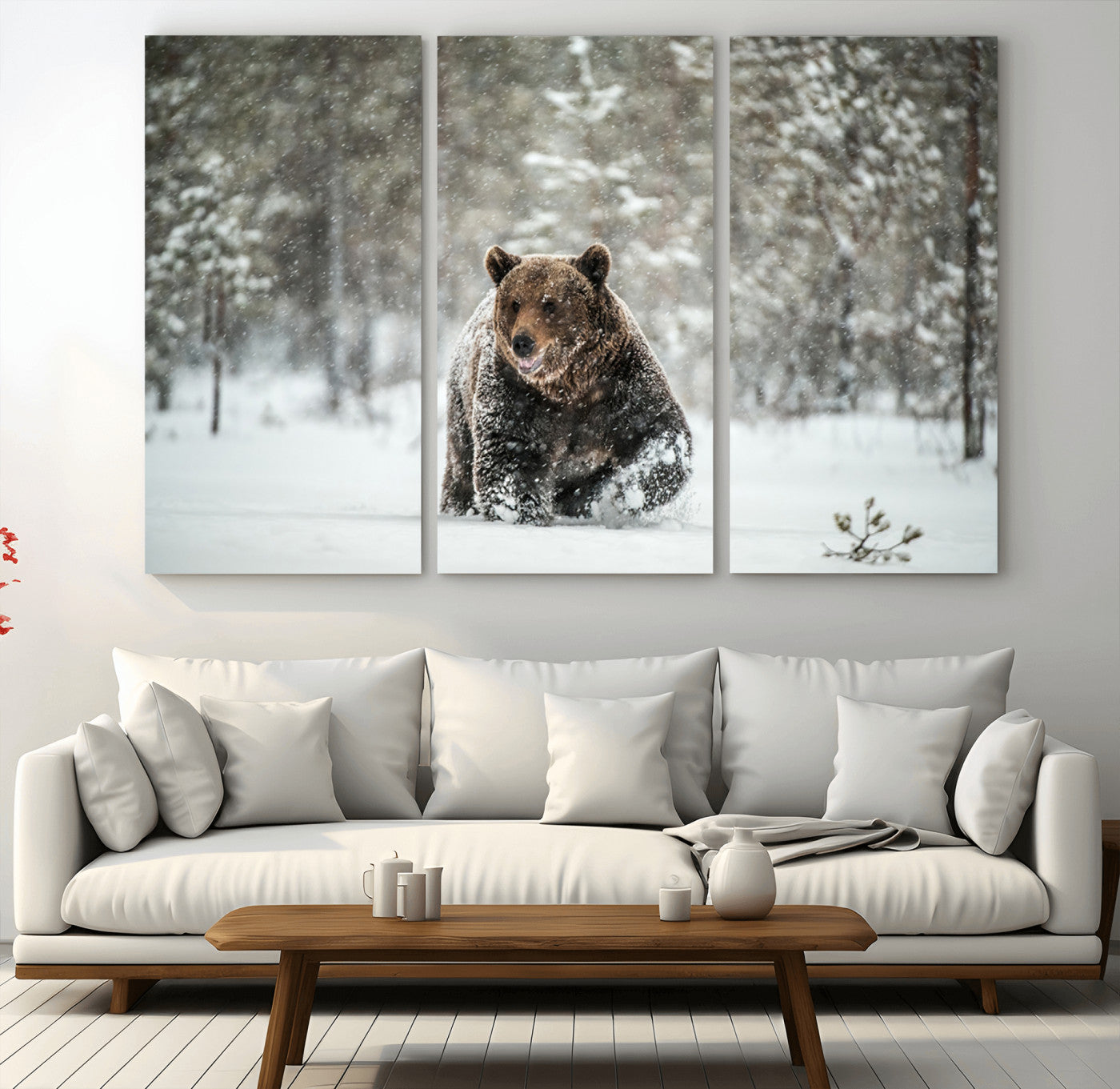 A majestic brown bear moves through a snowy forest landscape, surrounded by falling snowflakes, capturing the essence of wildlife in winter.