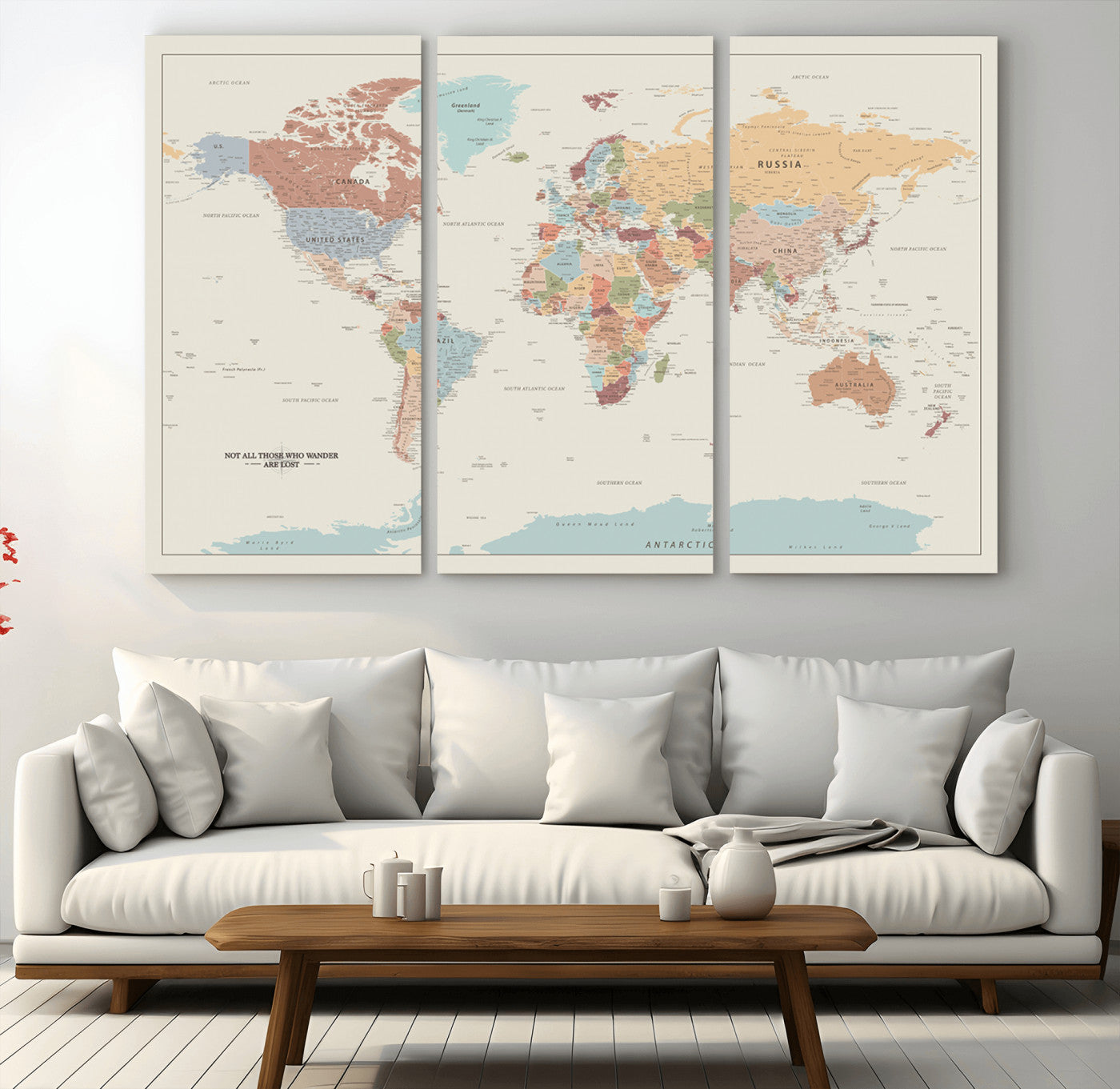 19241-MGV-CV-36X24-World Map Canvas Print – Framed Minimalist Travel Map Wall Art, Neutral Toned Push Pin Map for Home Office or Study Decor