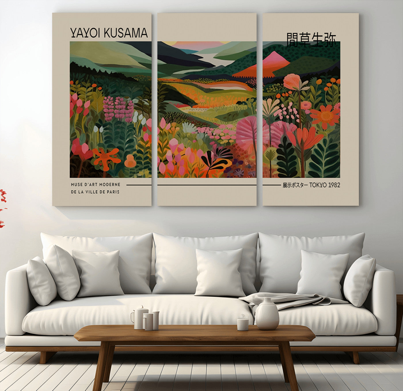 MGV-CV-48X32-3P - Yayoi Kusama Landscape Canvas Print, Vibrant Floral Mountain Art Print, Botanical Flower Nature