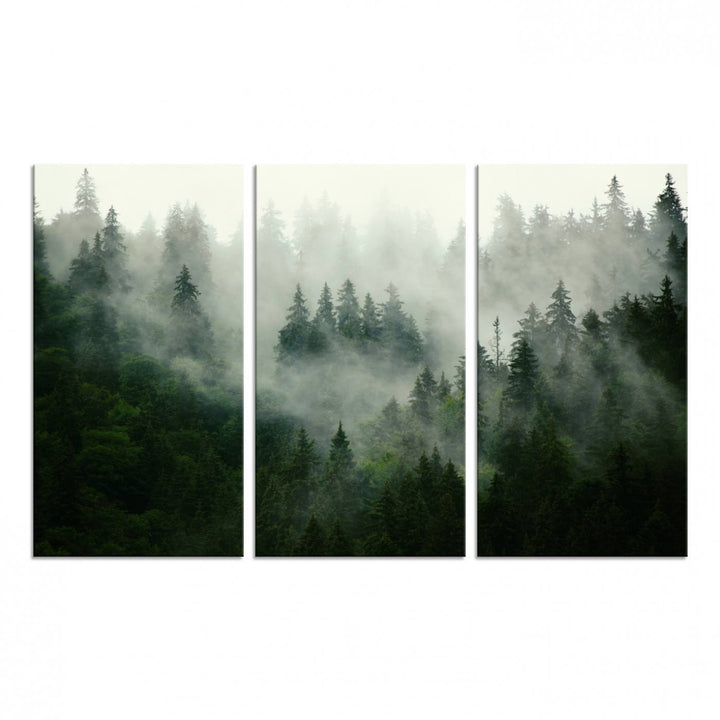 Misty Forest Mountain Wall Art: A 3-panel foggy landscape canvas print, ideal for enhancing home decor with natures beauty.