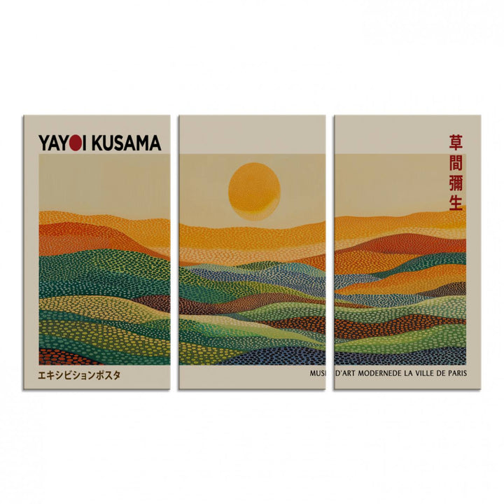 A framed Yayoi Kusama 1986 wall art print showcases a vibrant abstract landscape with colorful, wavy dots and a sun above the horizon.