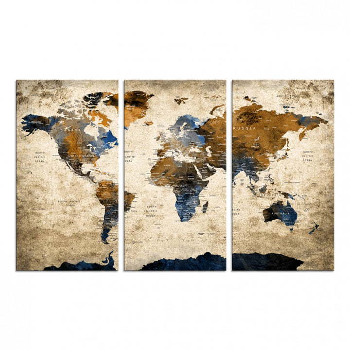 A Vintage World Map Canvas featuring brown, blue, and white on a textured background. Ideal for wall art in living rooms or offices.