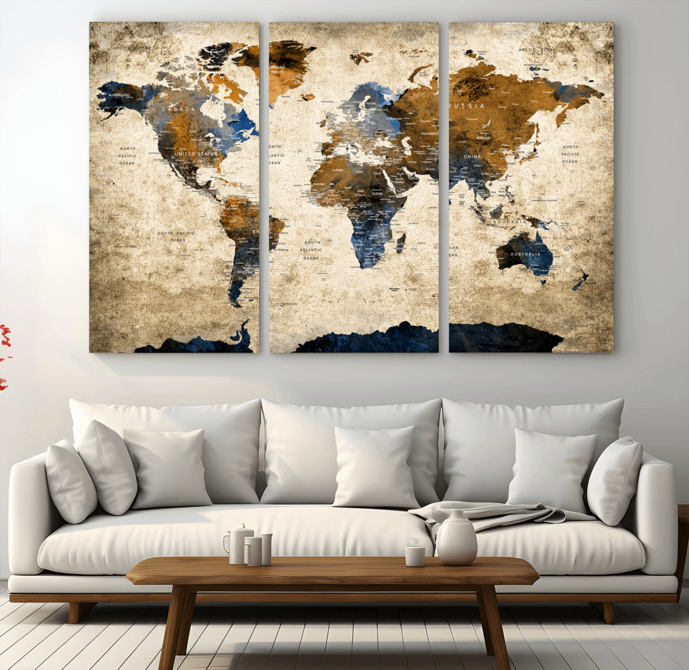 51140-MGV-CV-48X32-3P-World Map Wall Art – Rustic Earth Tone Canvas Print, Antique Travel Map Design for Living Room, Office or Study, Classic Adventure Decor