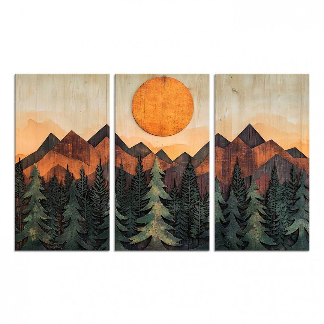 Sunset Mountain Landscape canvas wall art print featuring forest and wooden textures in green, brown, and orange.