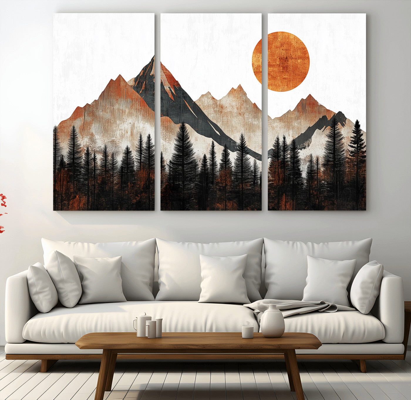 MGV-CV-48X32-3P - Modern Abstract Mountain Canvas Wall Art Print, Abstract Landscape Print, Rustic Sun and Mountains