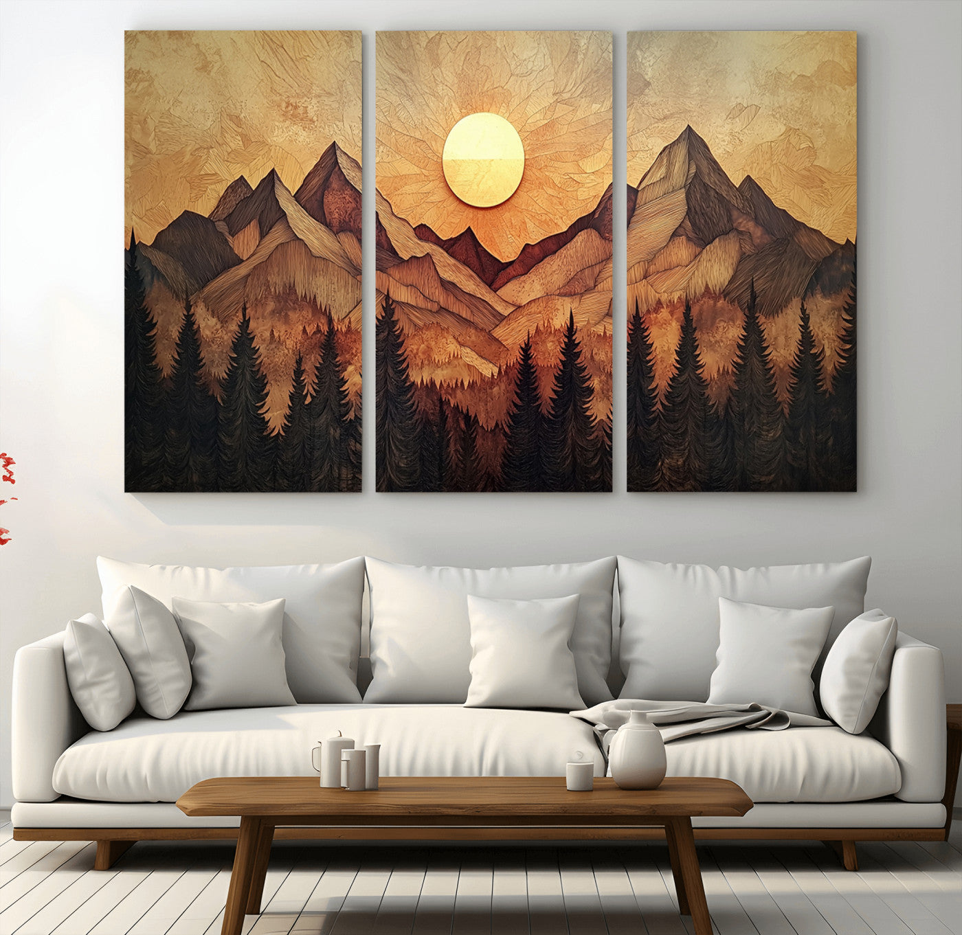 MGV-CV-48X32-3P - Wood Style Abstract Mountain Sunset Canvas Wall Art Print - Warm Earth Nature-Inspired Decor for