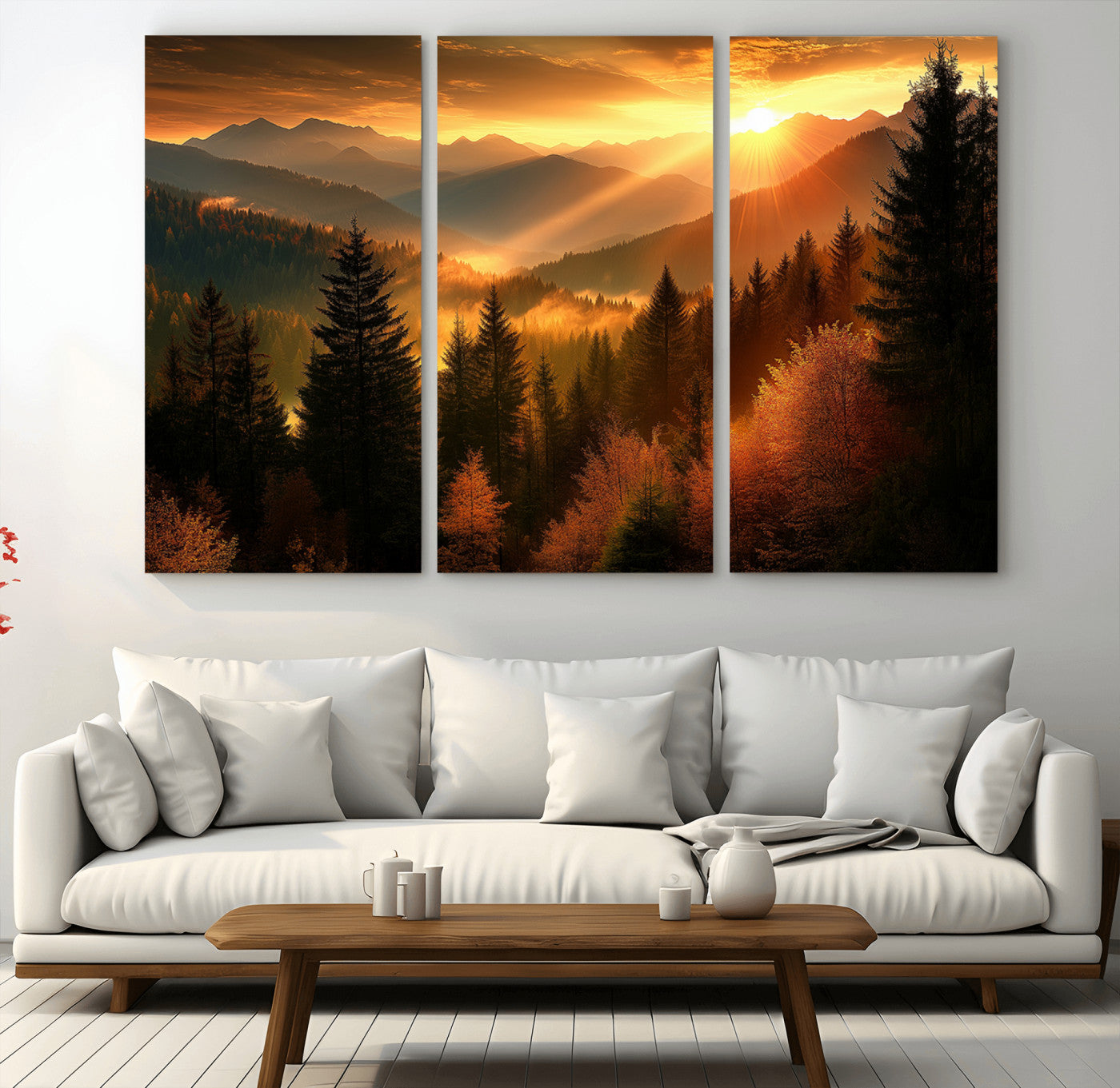 MGV-CV-48X32-3P - Golden Sunset Over Mountain Forest Canvas Wall Art Print - Warm Nature Landscape Print