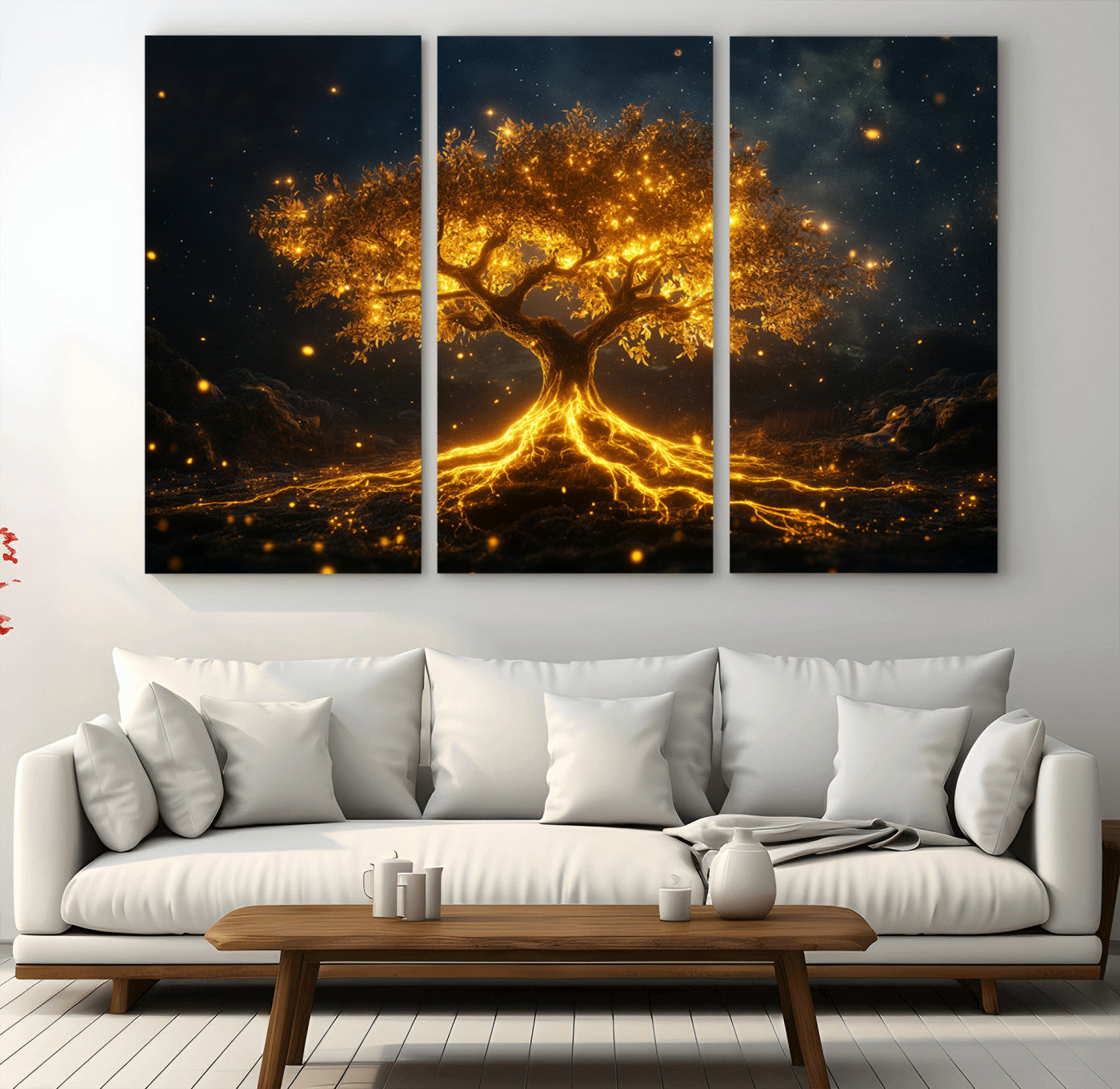 MGV-CV-48X32-3P - Golden Tree of Life Canvas Wall Art Print - Majestic Glowing Tree Design for Living Room, Office, or
