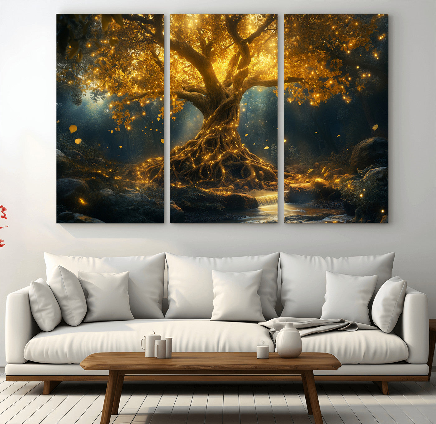 MGV-CV-48X32-3P - Golden Tree of Life Canvas Wall Art Print - Majestic Glowing Tree Wall Art Print