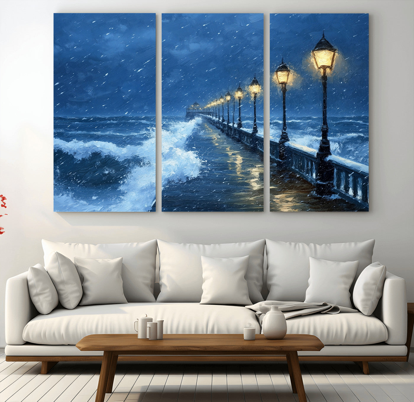 MGV-CV-48X32-3P - Stormy Ocean Pier Lights Canvas Wall Art Print - Large Moody Night Scene for Living Room, or Office,