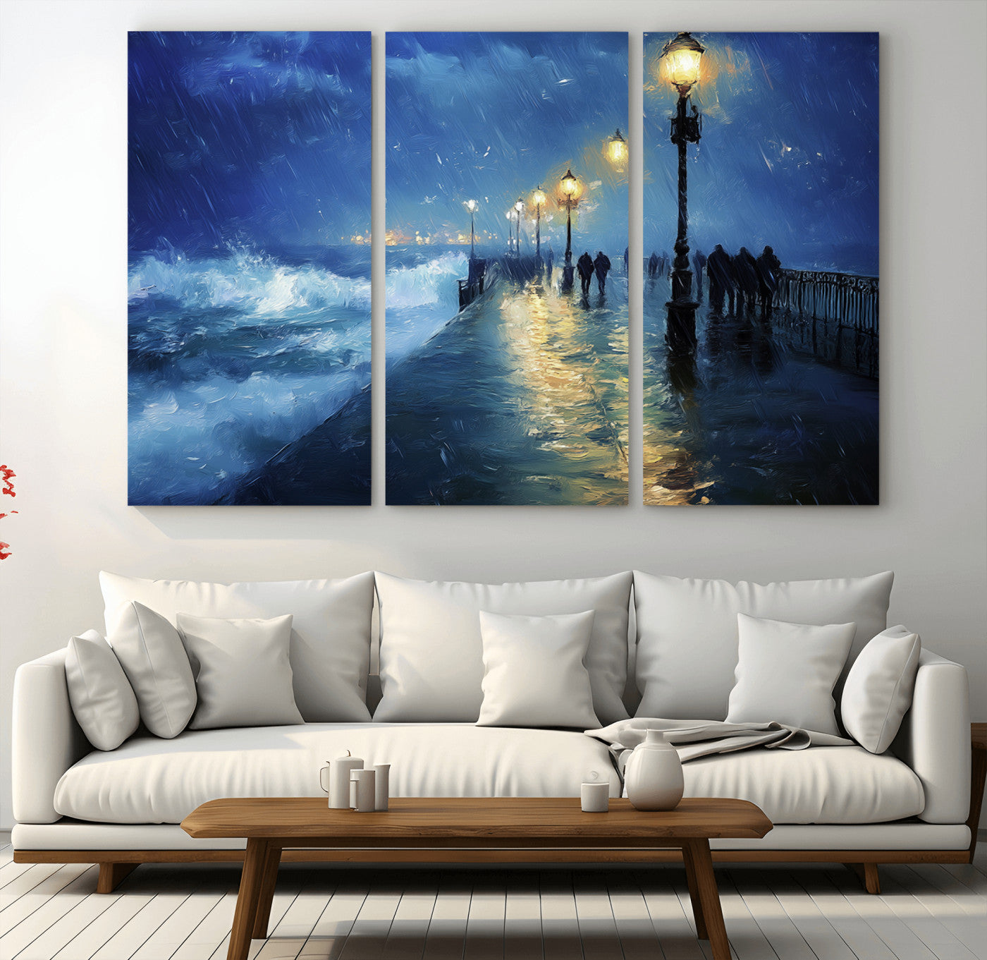 -Abstract Stormy Ocean Pier Canvas Wall Art Print | Stormy Ocean Art | Large Moody Night Scene Print,