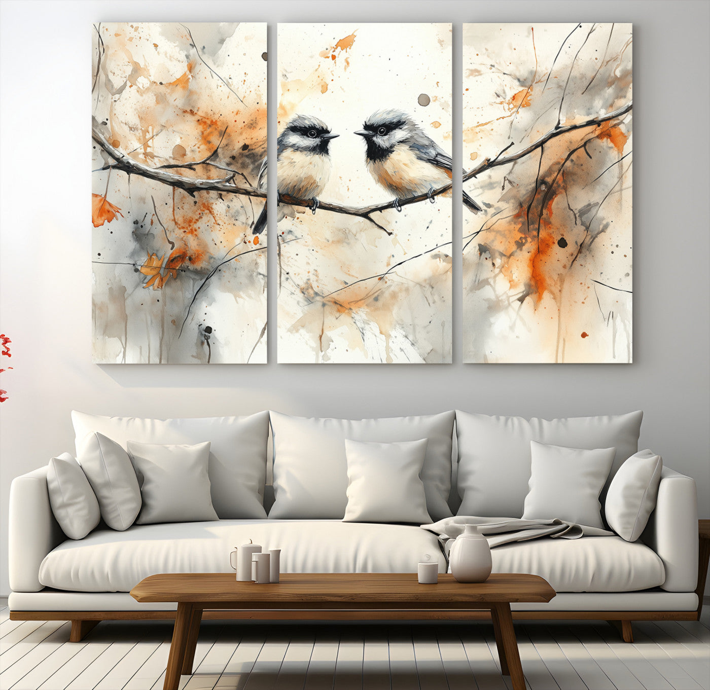 A soft and elegant watercolor painting of two chickadees perched on a delicate branch, surrounded by splashes of orange and neutral tones evoking a calm autumn day.