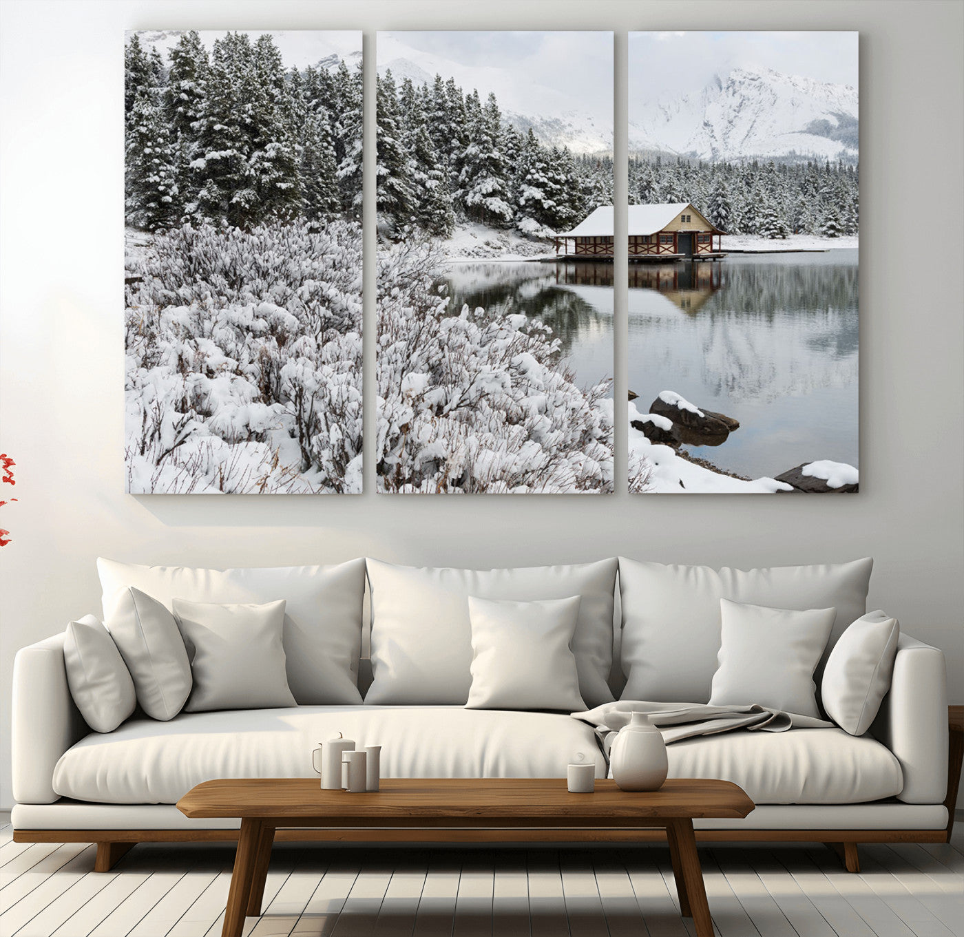 MGV-CV-48X32-3P - Winter Wall Art - Cabin by the Lake Canvas Wall Art - Serene Snowy Landscape with Mountain View,