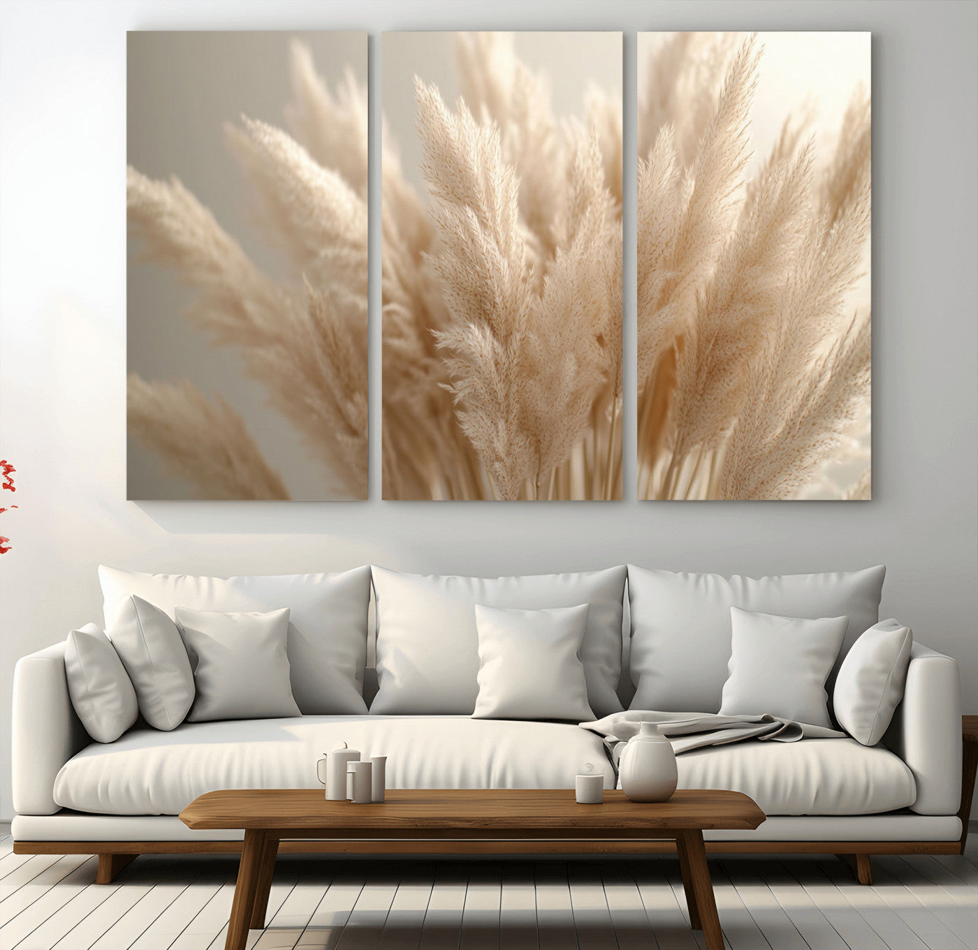 MGV-CV-48X32-3P - Pampas Grass Canvas Wall Art - Elegant Neutral Decor for Living Room, Boho Minimalist Artwork, Ready