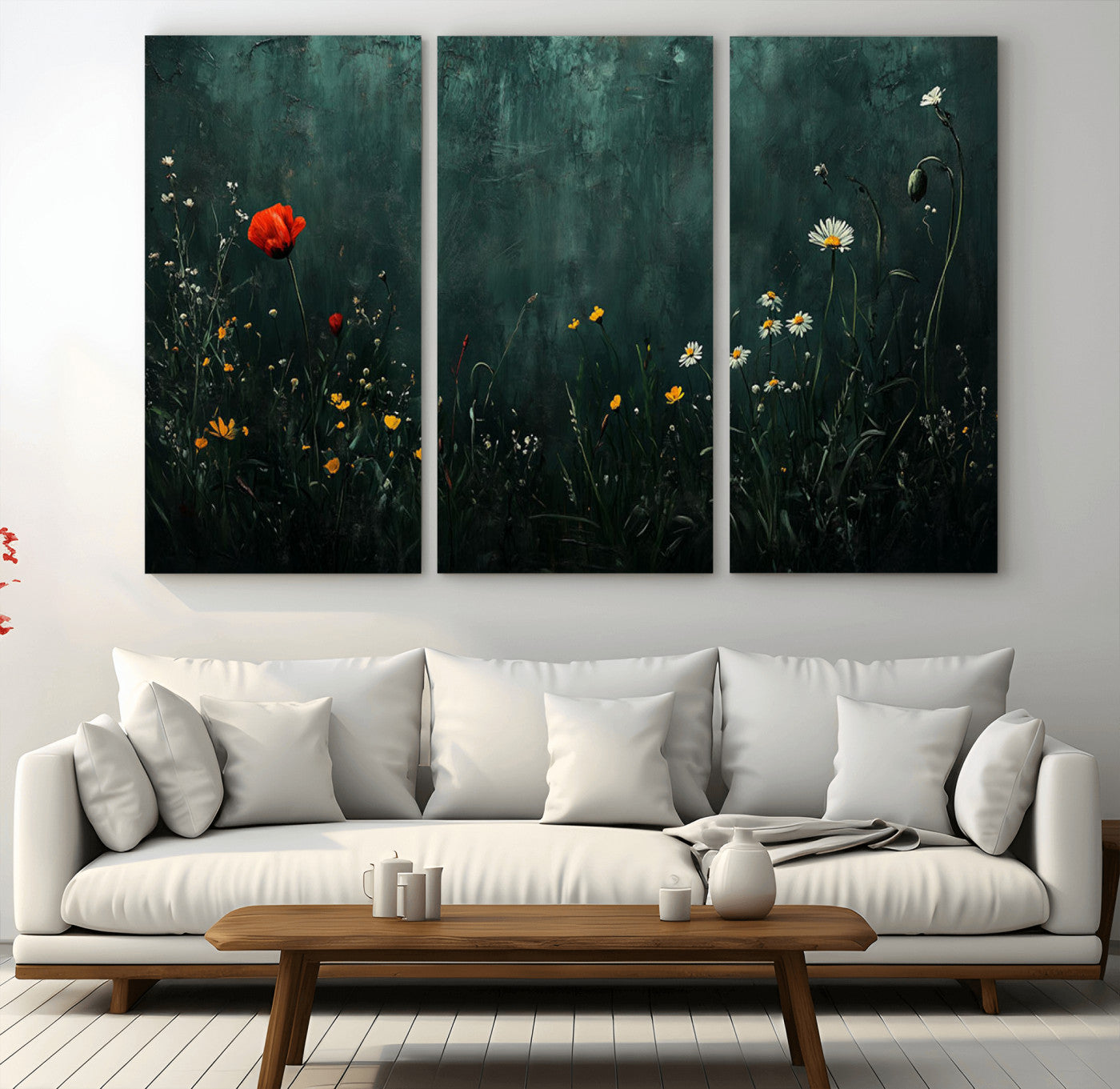 MGV-CV-48X32-3P - Wildflower Field Framed Wall Art, Vintage Botanical Landscape Sign, Botanical Wall Art, Modern