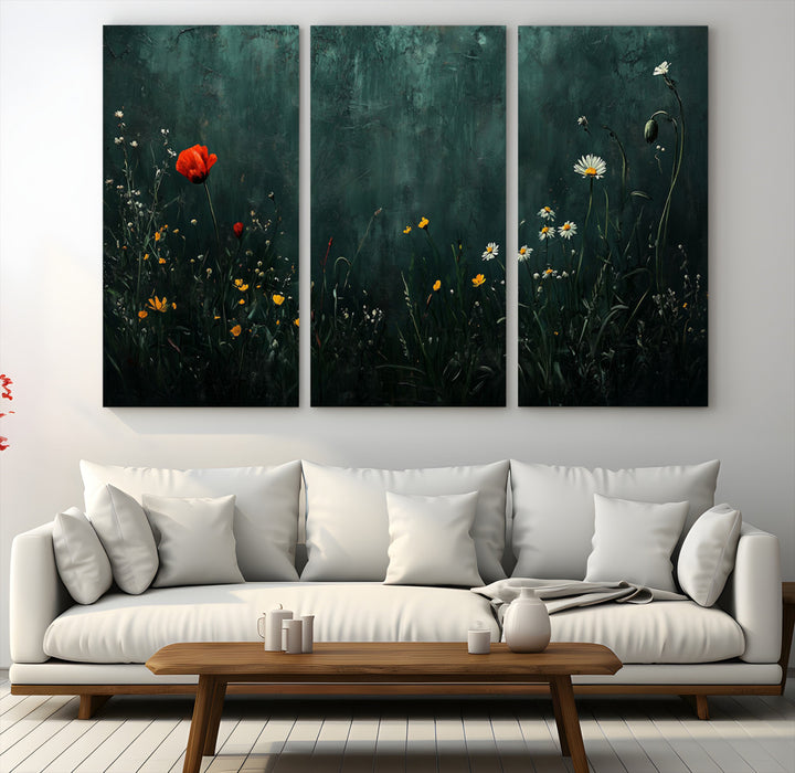 Wildflower Field Framed Wall Art, Vintage Botanical Landscape Sign, Botanical Wall Art, Modern Farmhouse Canvas Art, Field Of Flowers Canvas Print