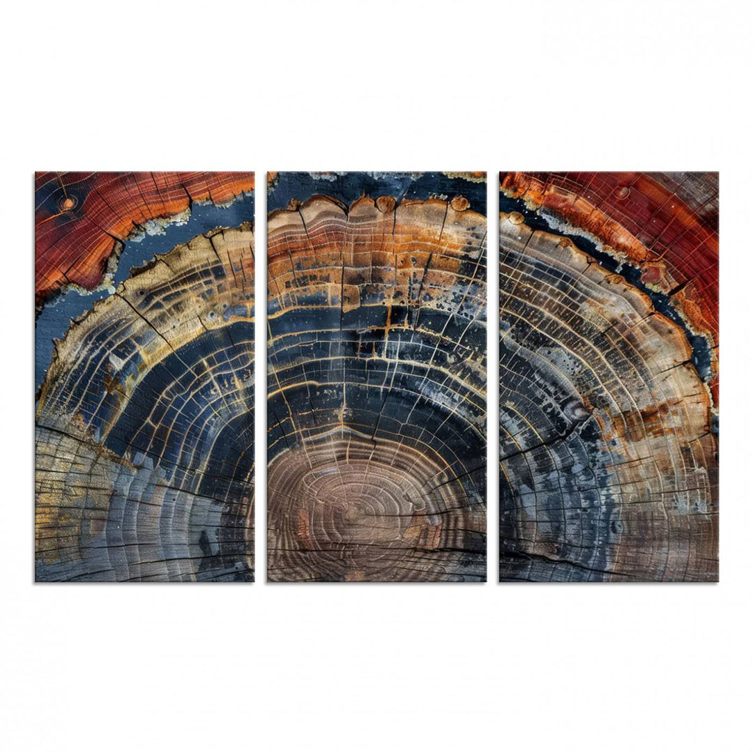 The Abstract Tree Ring Wall Art in orange, blue, and gray perfectly complements minimalist nature-inspired home decor.