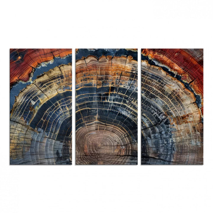 The Abstract Tree Ring Wall Art in orange, blue, and gray perfectly complements minimalist nature-inspired home decor.