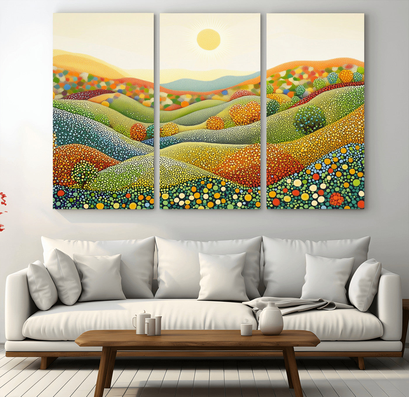 MGV-CV-48X32-3P - YAYOI KUSAMA Wall Art - Colorful Dot Art Landscape Canvas, Framed Japanese Dot Art