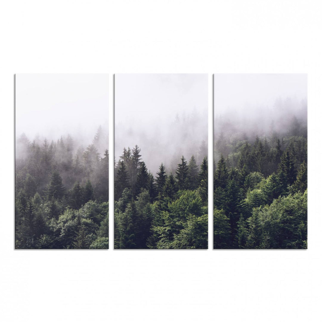 A serene triptych nature print featuring a misty forest, perfect as wall art.