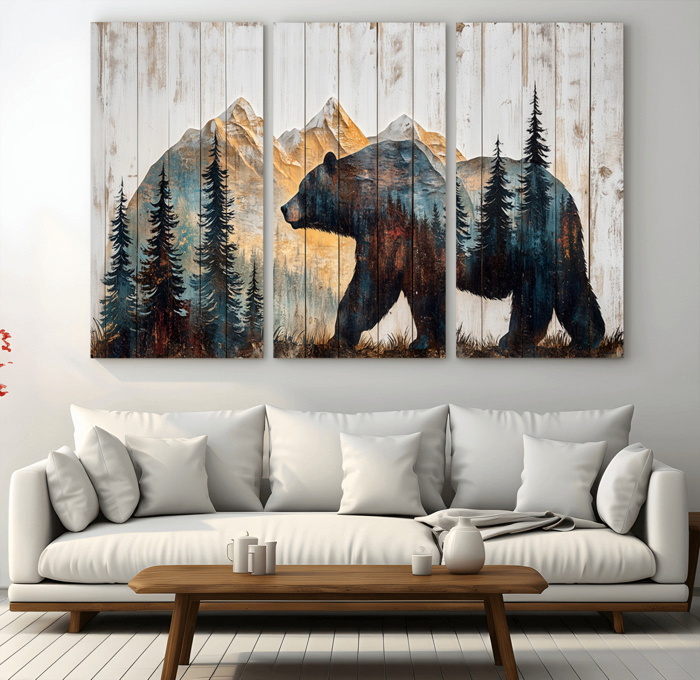 MGV-CV-48X32-3P - Rustic Bear Wall Art - Grizzly 399 Bear Wall Art - Mountain Wood Canvas Wall Art - Nature Theme