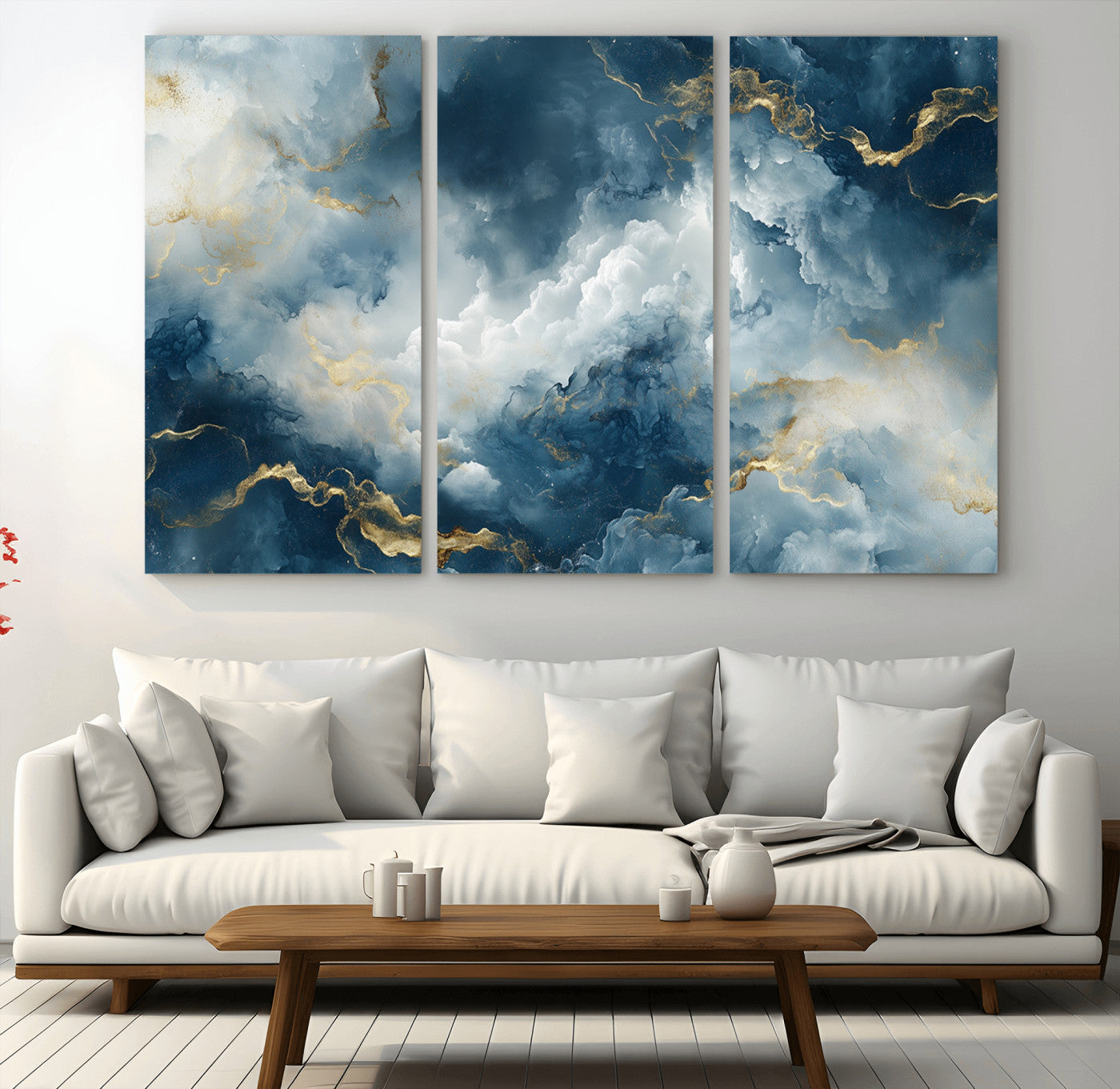 MGV-CV-48X32-3P - Large Abstract Print - Luxe Blue and Gold Abstract Canvas Wall Art - Bold Cloudscape Canvas for