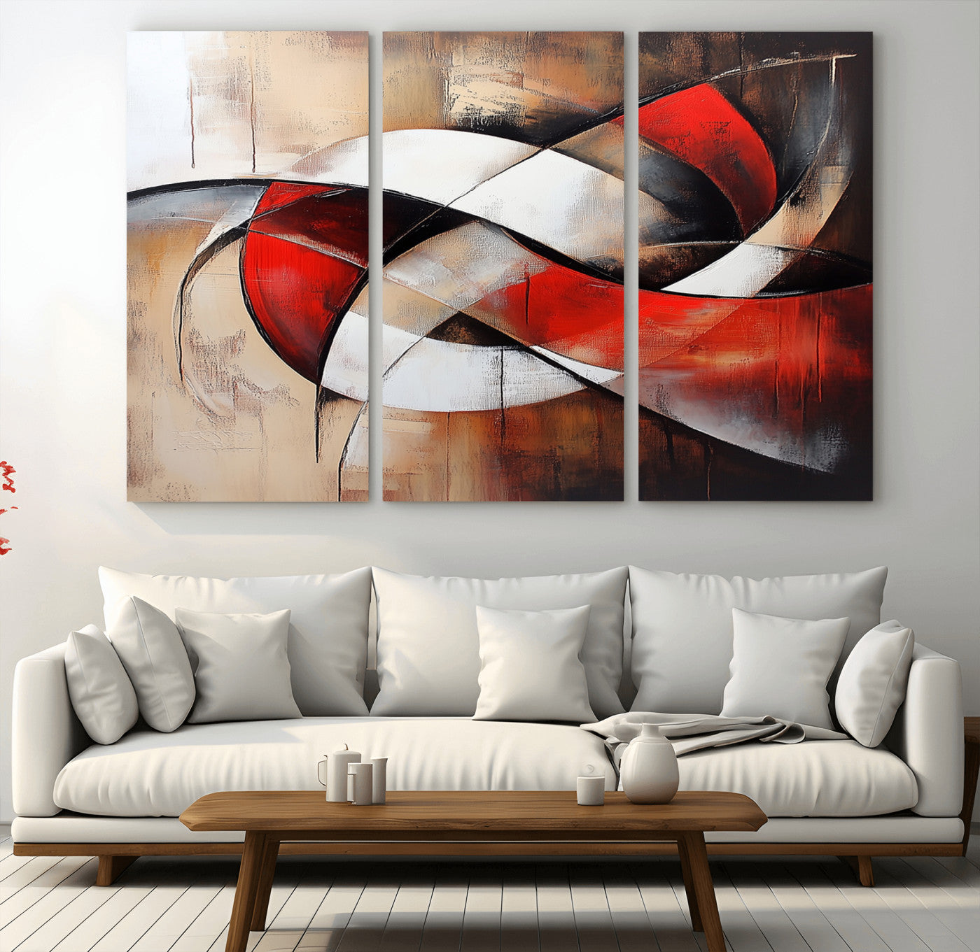 MGV-CV-48X32-3P - Abstract Wall Art - Modern Red and White Canvas Wall Art Print - Bold Geometric Abstract Canvas for