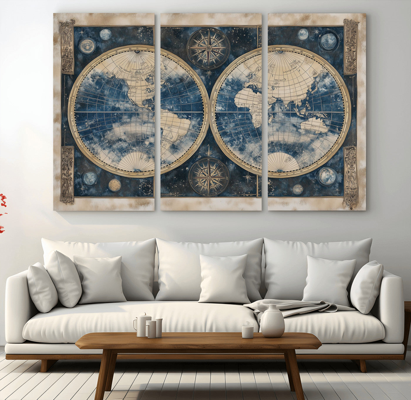 46473-MGV-CV-36X24-Framed Vintage Blue World Map Canvas Print – Antique Double Hemisphere Wall Art for Home and Office Decor, Classic Explorer Map Artwork