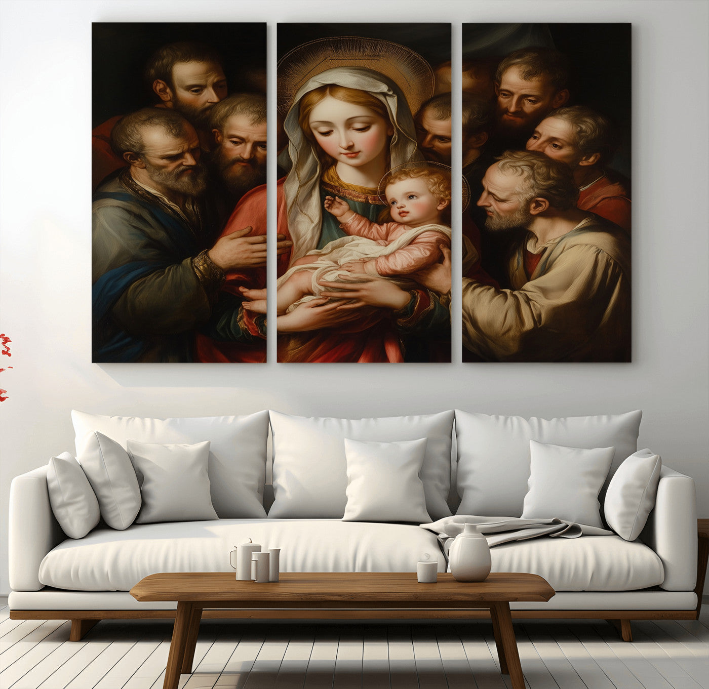 MGV-CV-48X32-3P - Religious Canvas Wall Art Print - Madonna and Child with Apostles Art Print - Classic Christian