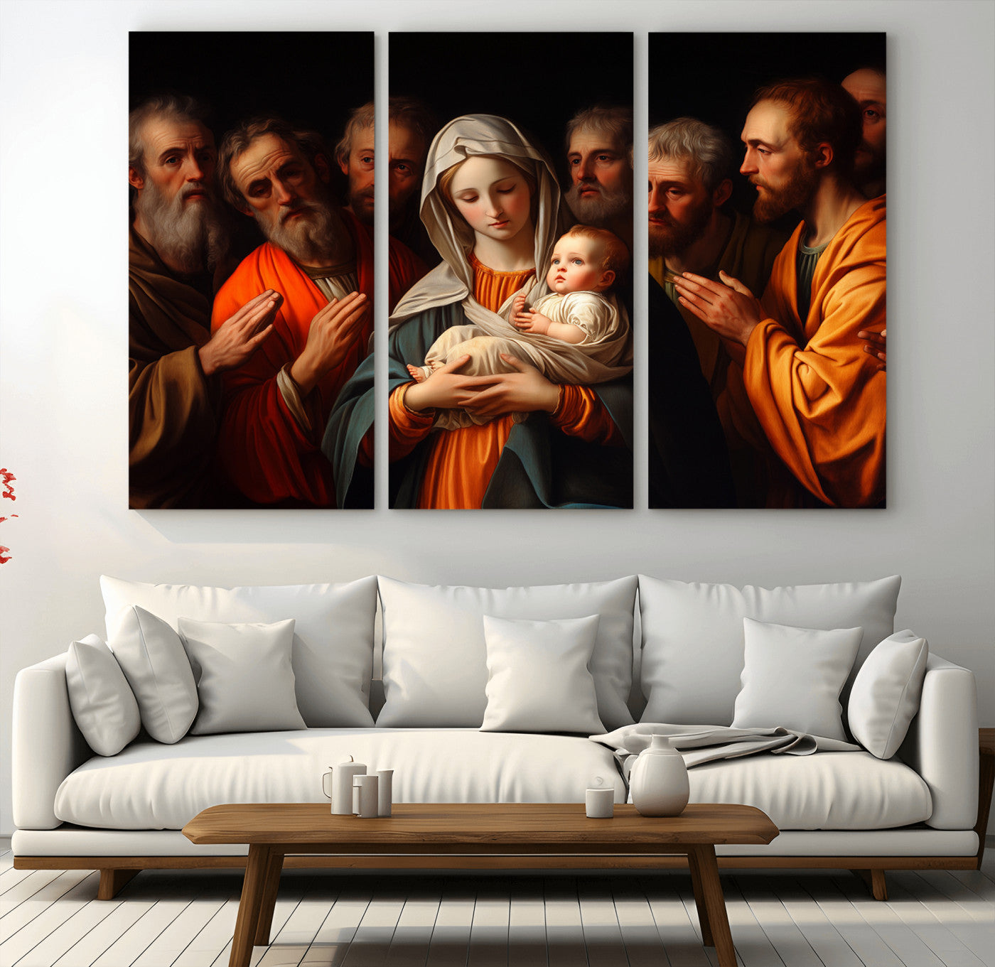 MGV-CV-48X32-3P - Religious Canvas Wall Art Print - Madonna and Child with Apostles Art Print - Classic Christian