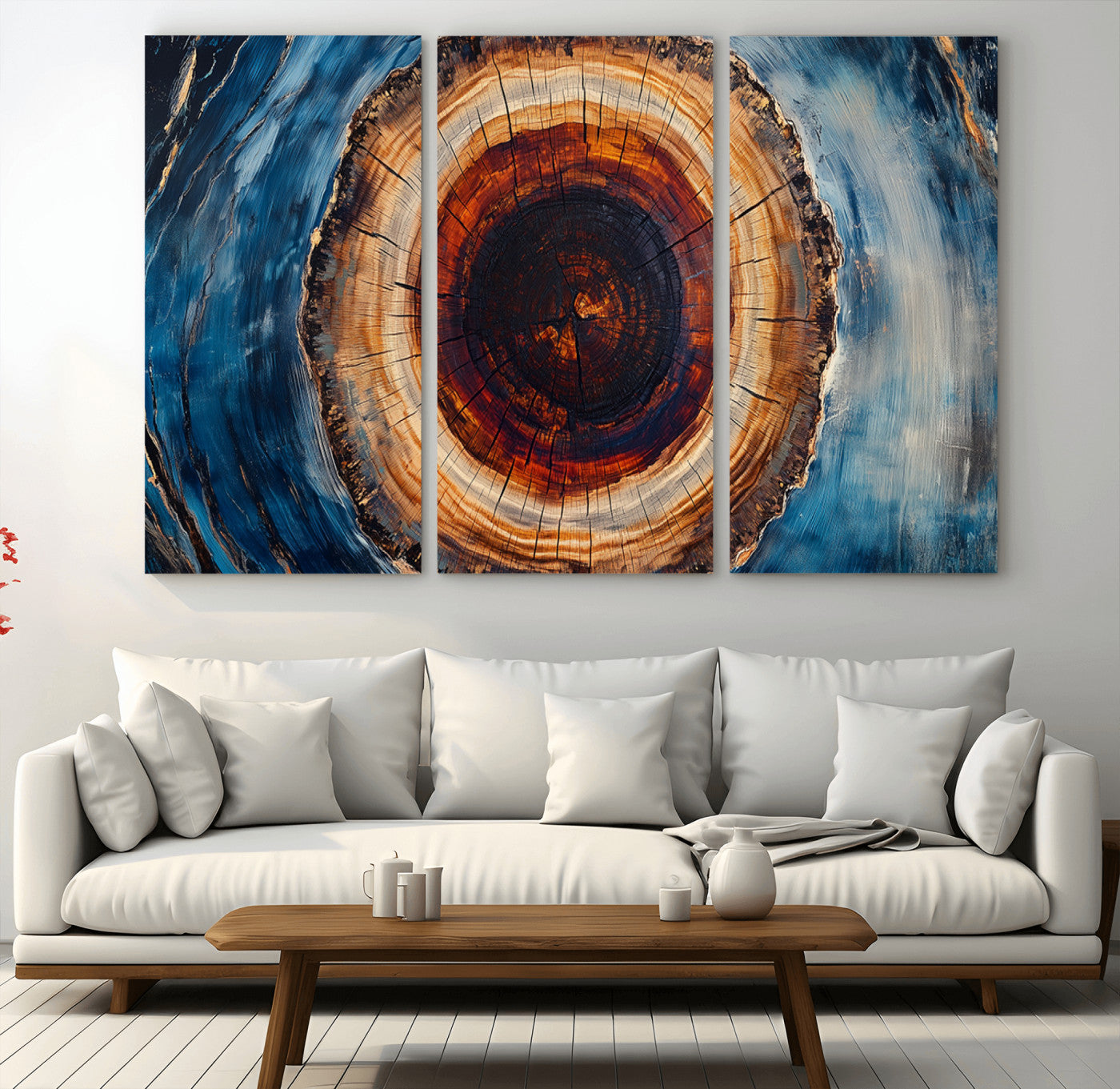MGV-CV-48X32-3P - Framed Abstract Tree Ring Wall Art Print, Natural Rustic Wood Texture Canvas Print, Wood Tree Stump