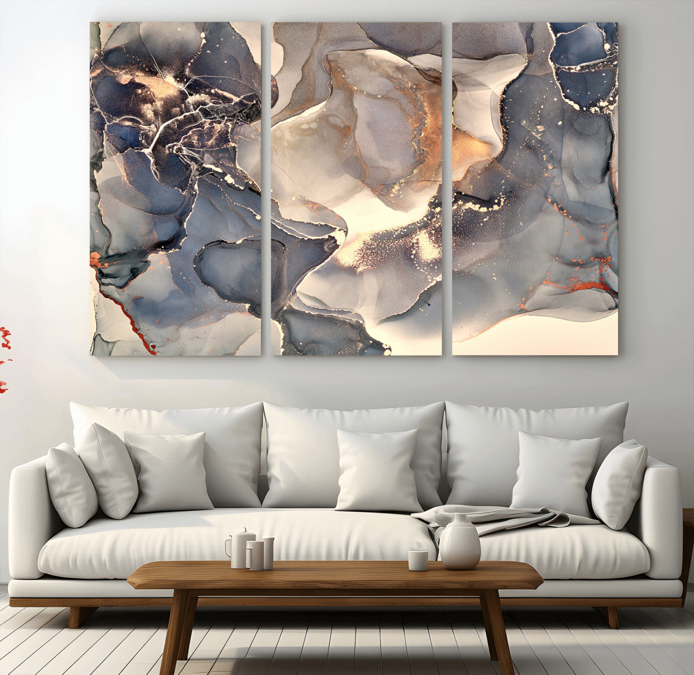 MGV-CV-48X32-3P - Abstract Blue and Gold Wall Art - Fluid Ink Artwork - Modern Luxury Wall Decor for Contemporary