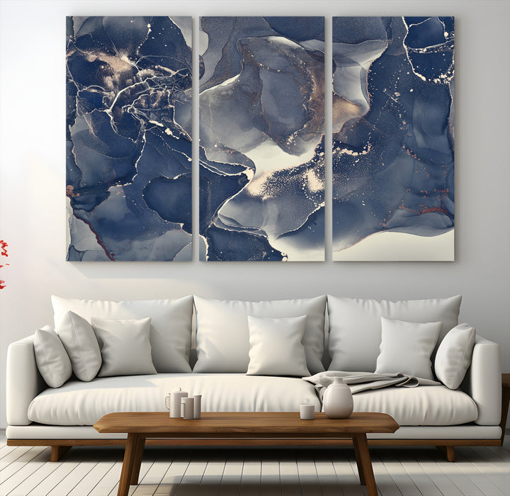 Large Abstract Blue and Gold Canvas Wall Art | Fluid Ink Artwork Print | Luxury Wall Decor for Contemporary Interiors | Framed Ready to Hang