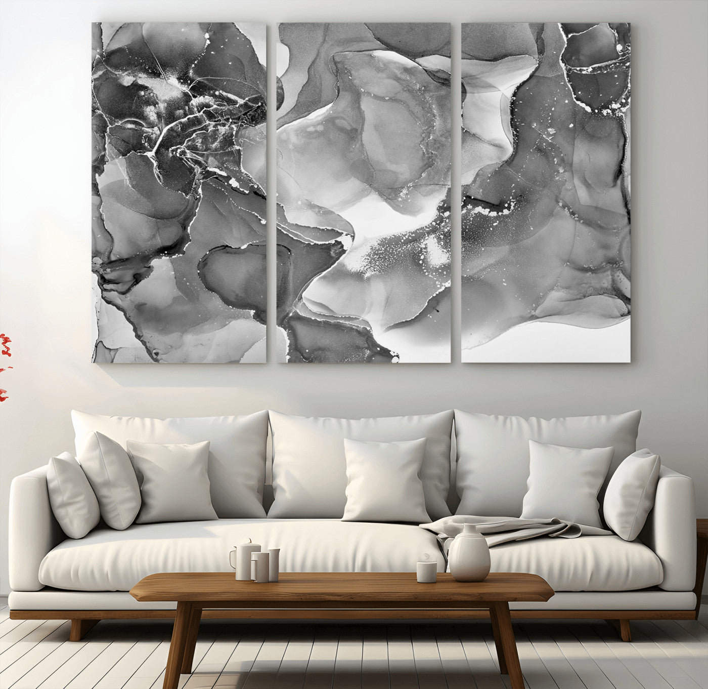 MGV-CV-48X32-3P - Black White Abstract Canvas Wall Art - Fluid Ink Artwork - Modern Luxury Wall Decor for Contemporary