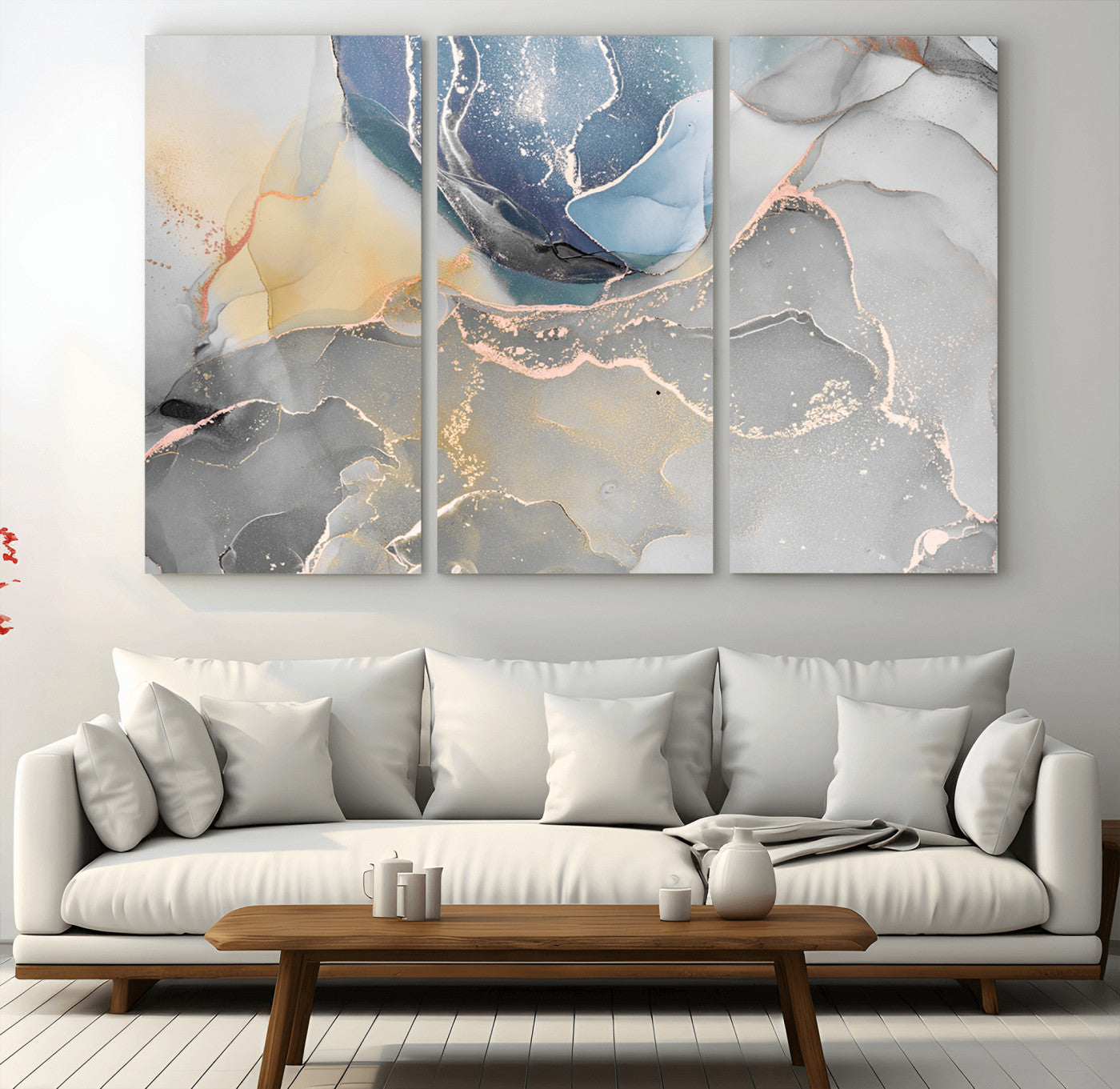 MGV-CV-48X32-3P - Large Abstract Blue and Gold Canvas Wall Art | Fluid Ink Artwork Print | Luxury Wall Decor for