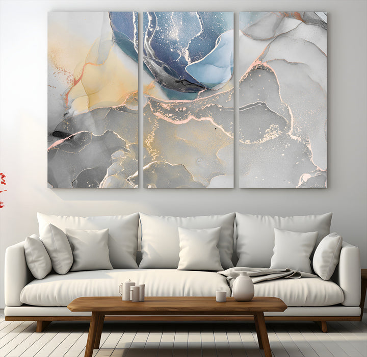 Large Abstract Blue and Gold Canvas Wall Art | Fluid Ink Artwork Print | Luxury Wall Decor for Contemporary Interiors | Framed Blue and Gold