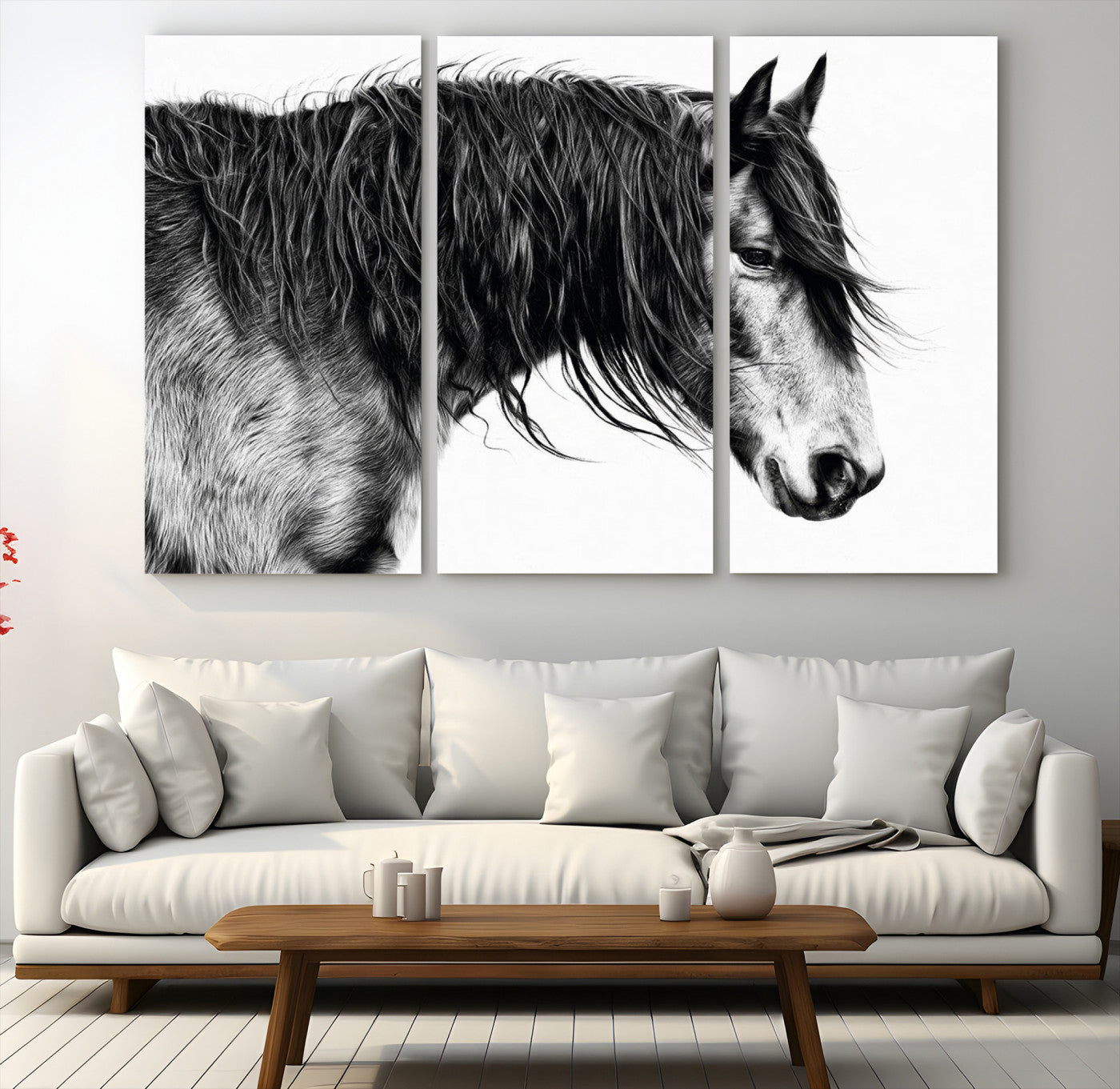A stunning black-and-white portrait of a horse with a flowing mane, captured in dramatic detail and emotion.
