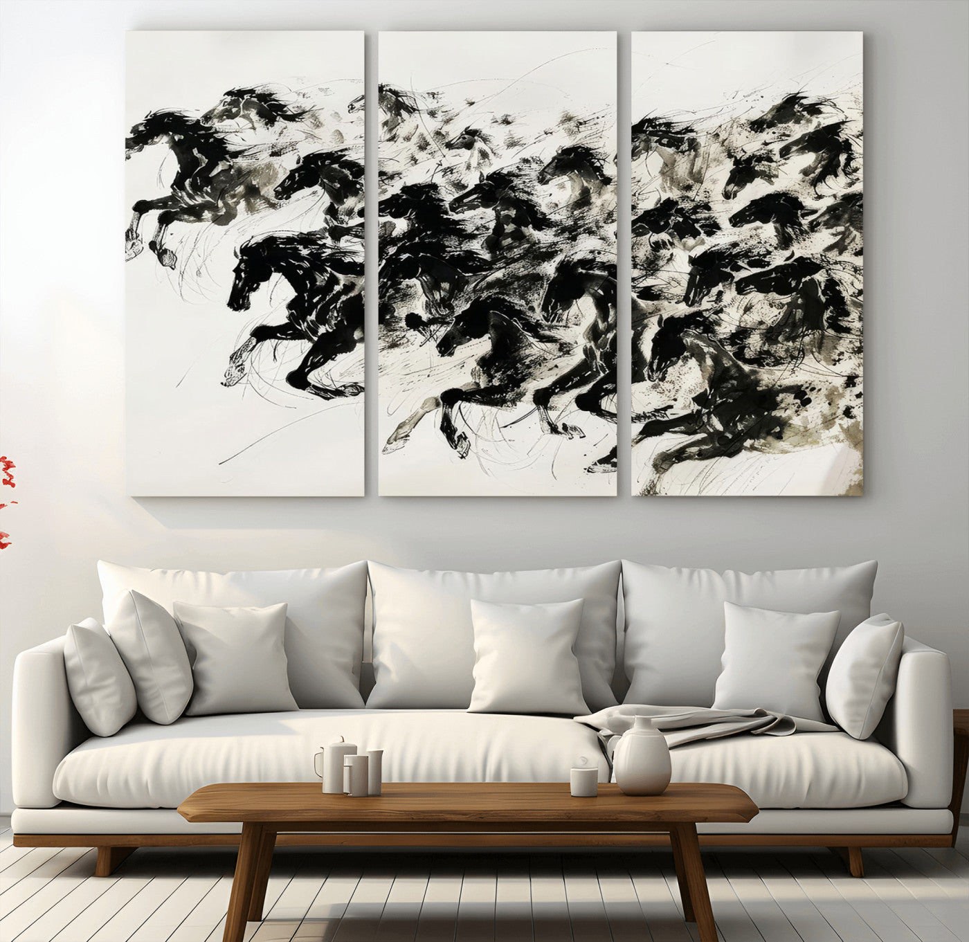 MGV-CV-48X32-3P - Abstract Horse Wall Art Canvas Print - Dynamic Black Ink Horse Print - Modern Equine Wall Decor for