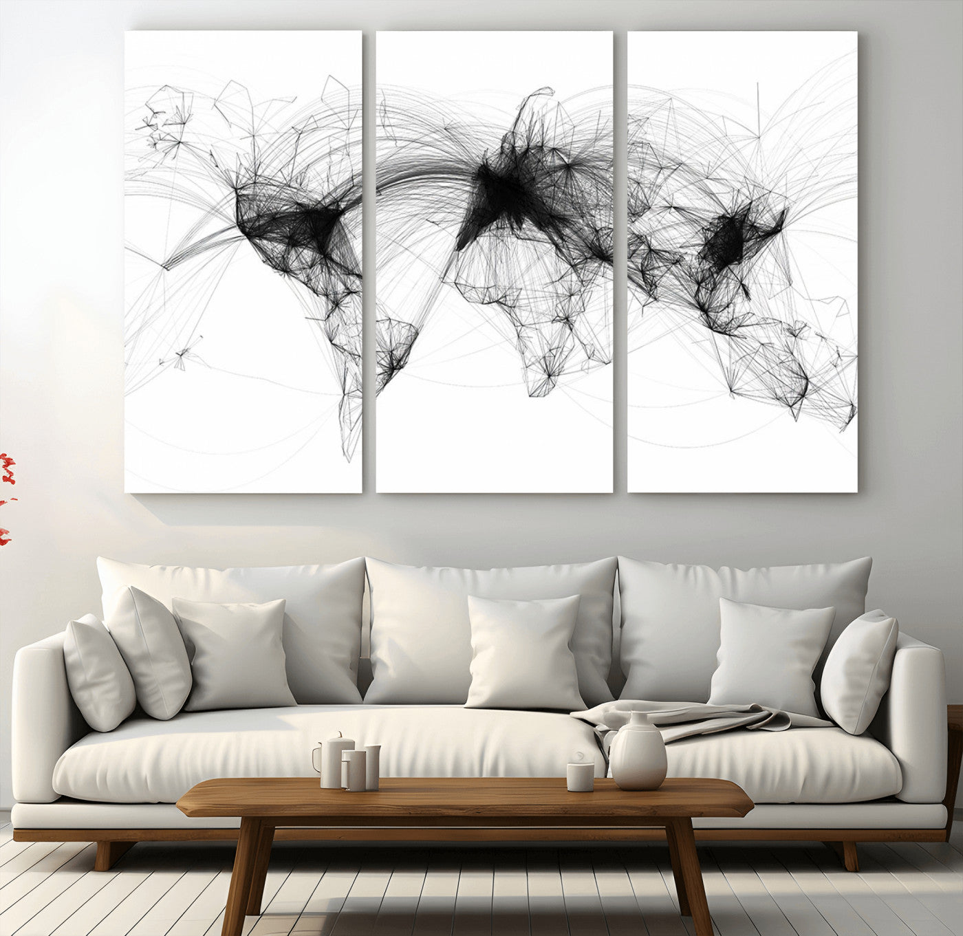 A minimalist abstract world map created from interconnected black lines representing global connectivity and communication networks.