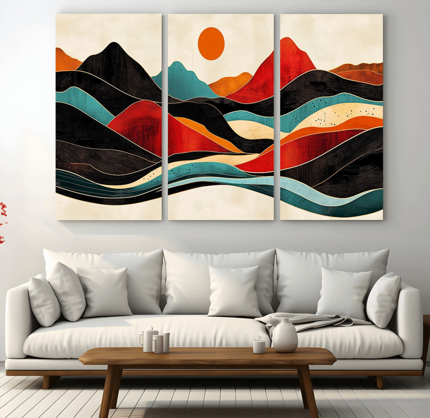 MGV-CV-48X32-3P - Western Wall Decor - Large Triptych Mountain Canvas - Boho Woodland Wall Art Print - Framed